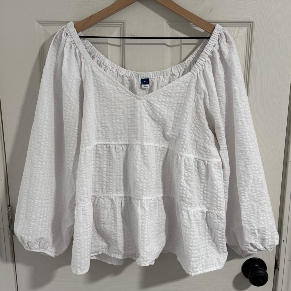 Old Navy Blouse Womens XL White Tiered Babydoll Puff Sleeve Boho Top V-Neck